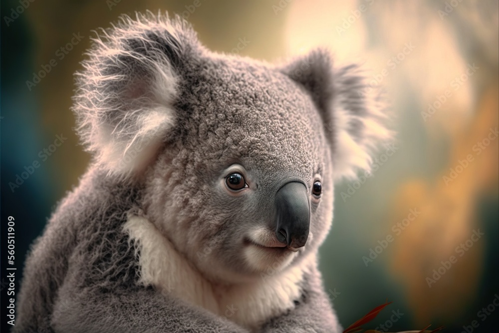 Obraz premium a koala bear with a leaf in its mouth and a blurry background behind it, with a blue sky and clouds in the background, and a yellow sky with a few clouds.