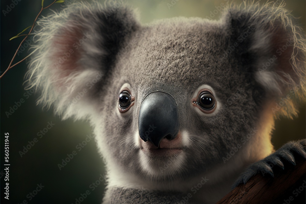 Obraz premium a koala bear with a branch in its mouth and eyes wide open, looking at the camera with a serious look on its face, with a dark background of leaves and branches and.