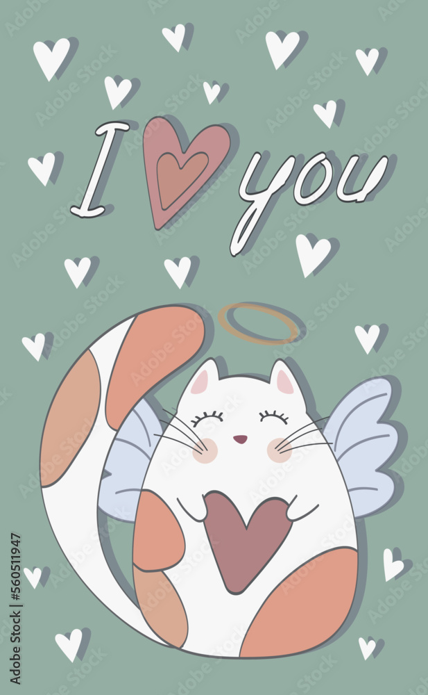 Greeting card cat with white hearts and ring