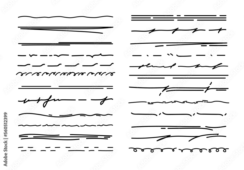 Underline scribble doodle lines, pencil strokes or brush and pen marker vector lines. Hand drawn scribble underlines or freehand line dividers and highlights of black ink marker or felt tip pen