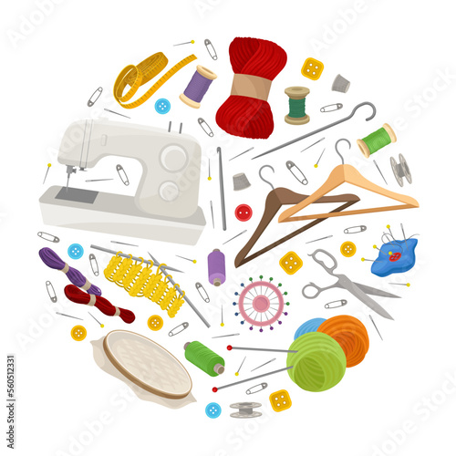 Sewing and Knitting Workshop Round Composition Design with Equipment Vector Template