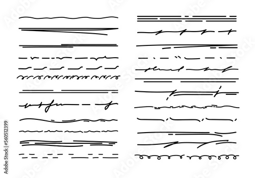 Underline scribble doodle lines, pencil strokes or brush and pen marker vector lines. Hand drawn scribble underlines or freehand line dividers and highlights of black ink marker or felt tip pen