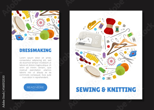 Sewing and Knitting Workshop Banner Design with Equipment Vector Template
