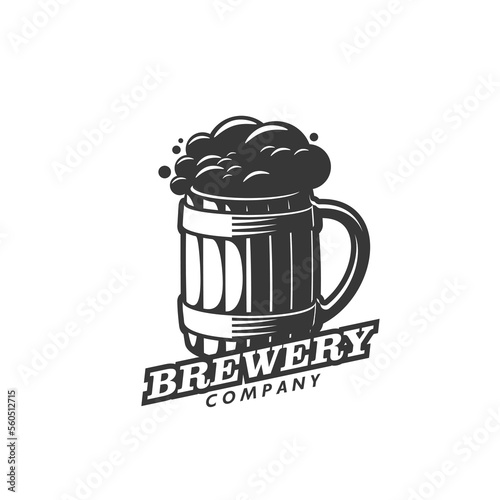 Beer brewery icon, vector company emblem with foamy lager drink in glass mug. Isolated monochrome label for pub or bar in vintage style. Natural organic alcohol beverage advertising badge