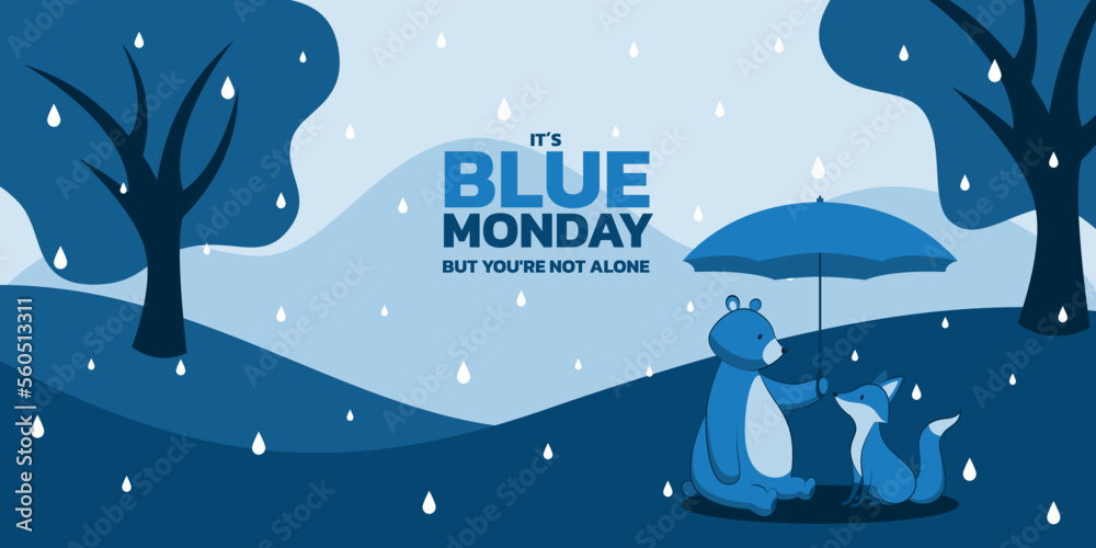 Naklejka premium Cute bear and fox on Blue Monday landscape