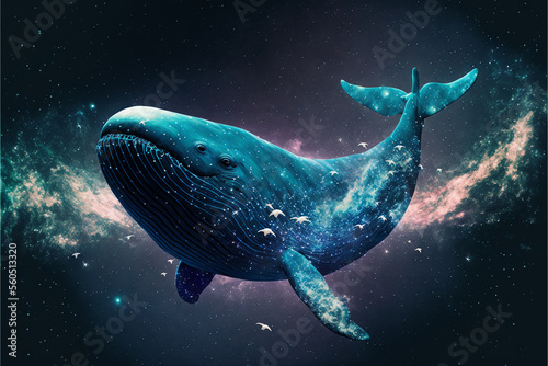 The whale swims in space. AI generation