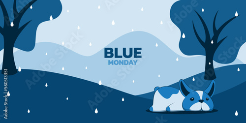 Cute dog on Blue Monday landscape