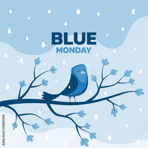 Blue Monday illustration, cute bird