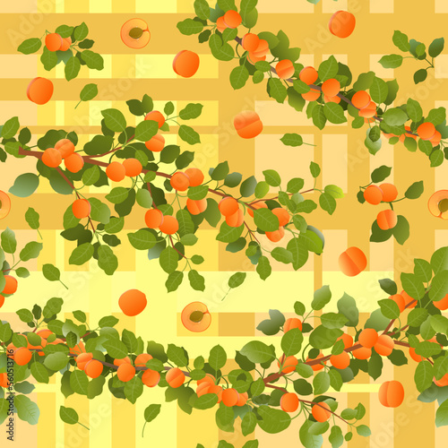 Branches apricot tree with ripe fruits. Yellow background picture. Garden plant with edible harvest. Seamless pattern composition. Branch with foliage and leaves. Vector