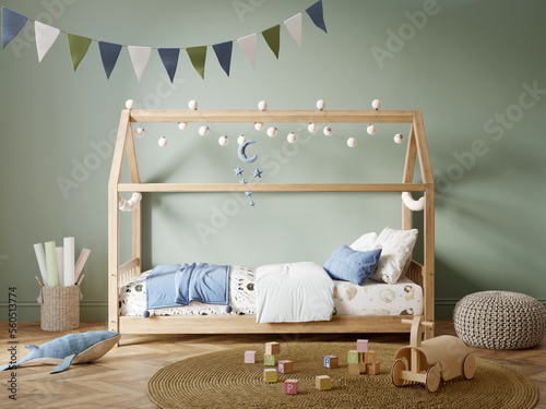 Fototapeta Naklejka Na Ścianę i Meble -  3d render fgreen and blue nursery interior with a montessori house bed, lots of toys, flags and a circular rattan carpet.
