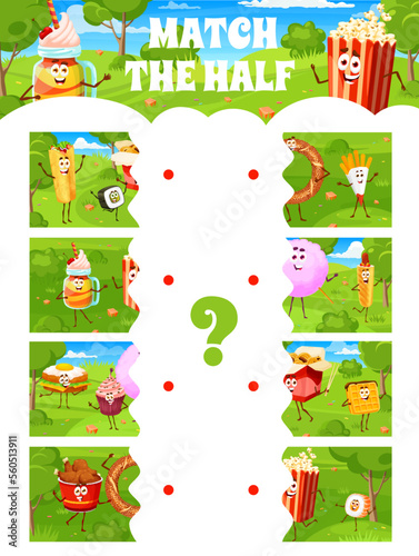 Match the half of cartoon fast food and desserts characters kids game worksheet. Vector puzzle quiz with fastfood personages, matching game of cute egg burger, popcorn, chicken legs and corn dog