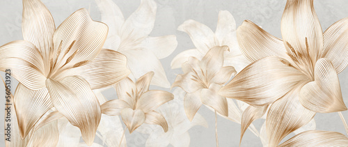 Luxury art background with flowers lilies hand drawn in gold art line style. Botanical abstract banner for decoration design, print, wallpaper, textile, interior design, fabric.