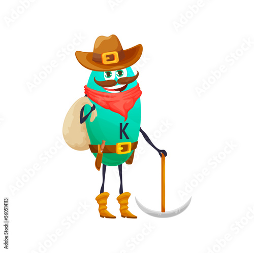 Cartoon potassium kalium micronutrient gold digger character. Vitamin K cowboy with pickaxe and money sack. Isolated vector personage wear ranger hat. Wild west golden rush hero