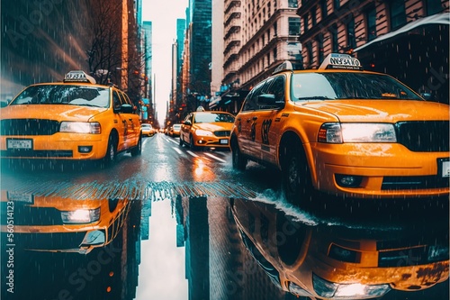 Wallpaper Mural Flooded New York street with snowmelt and yellow cabs ,ai, Generative AI