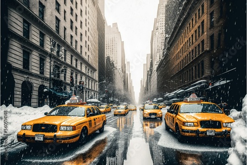 Fényképezés Flooded New York street with snowmelt and yellow cabs ,ai, Generative AI