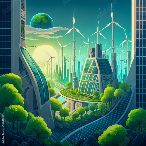 Futuristic Eco City Concept, hand drawn illustration Generative AI