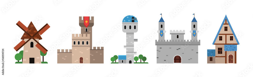 Medieval Facade Building and Stone Construction Vector Set Medieval Facade Building and Stone Construction Vector Set