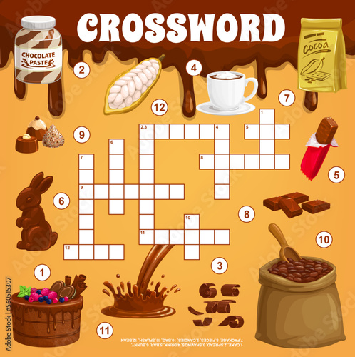 Cocoa and chocolate. Crossword grid. Find a word quiz game, crossword puzzle or playing activity vector worksheet with chocolate bar, paste and candies, cacao beans, hot chocolate drink and cake