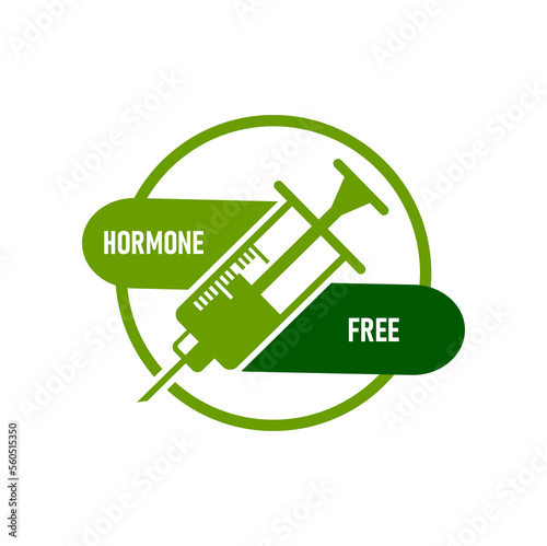Hormone free icon. Certified quality product with no hormones, organic food warranty label or sticker. Bio safe agriculture, steroids contain or healthy nutrition vector pictogram with syringe