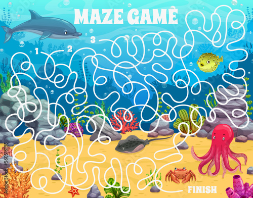 Labyrinth maze cartoon underwater landscape and animals. Kids vector board game worksheet with dolphin, octopus, puffer fish and crab on seafloor with corals and seaweeds. Educational children riddle