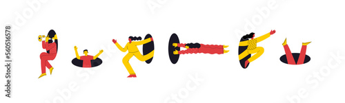 Different people coming, flying, jumping, looking through and out of holes. Happy enthusiastic lively men and women. Search, explore concept. Graphic vector illustration