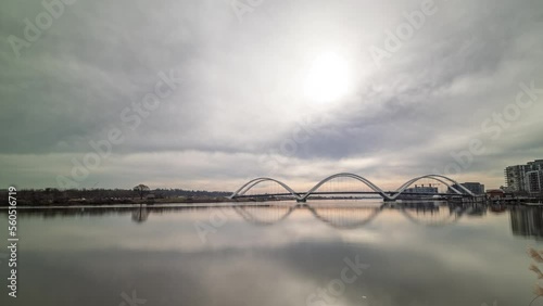 A daytime time-lapse of the Frederick Douglass Memorial Bridge in Washington, D.C. which carries South Capitol Street across the Anacostia River. The camera pans from left to right. photo