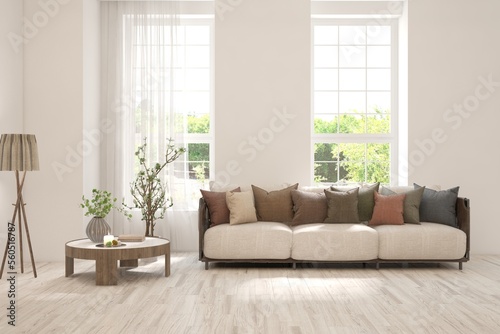 White living room with sofa and summer landscape in window. Scandinavian interior design. 3D illustration