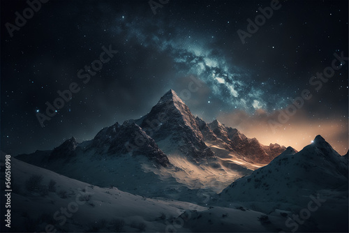 Beautiful landscape snow mountains at night on blue cloud and star background.