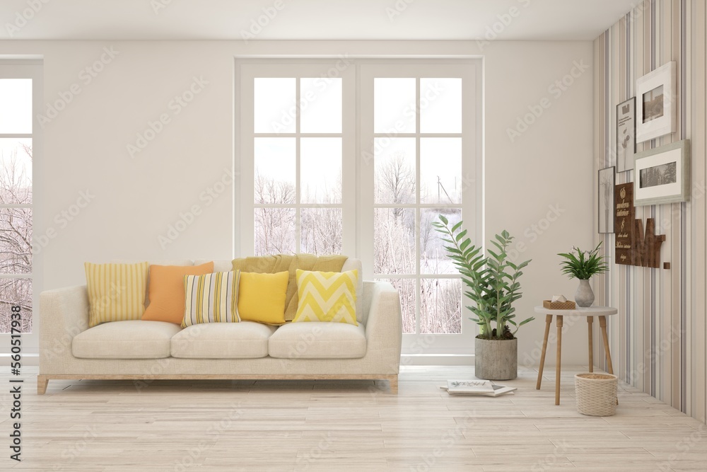 Fototapeta premium White living room with sofa and winter landscape in window. Scandinavian interior design. 3D illustration