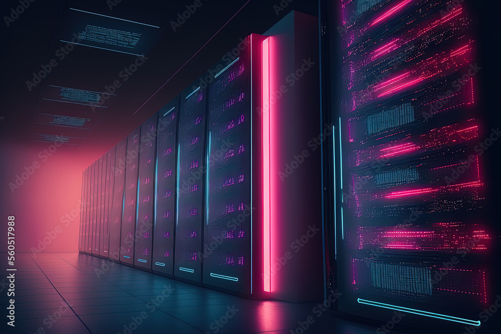 Picture of a data center with many rows of active server racks. Database concept, cloud computing, and contemporary telecommunications. Shot in the Dark with Neon Pink and Blue L. Generative AI Picture of a data center with many rows of active server racks. Database concept, cloud computing, and contemporary telecommunications. Shot in the Dark with Neon Pink and Blue L. Generative AI