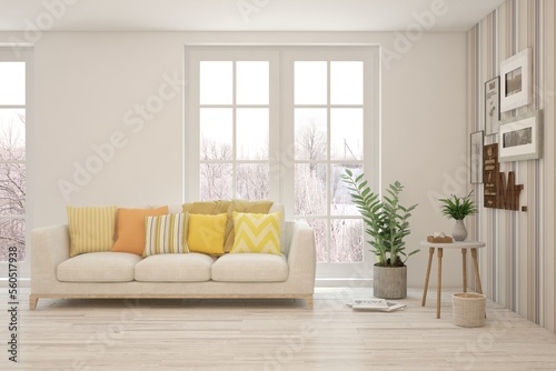 White living room with sofa and winter landscape in window. Scandinavian interior design. 3D illustration