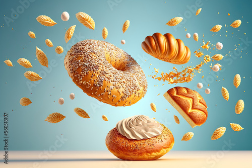 Brioche cake and croissant buns are in the air. White freshly baked biscuit with sesame and sunflower seeds. French grain baking is delicious. Levitation and the concept of a bakery cafe. Generative