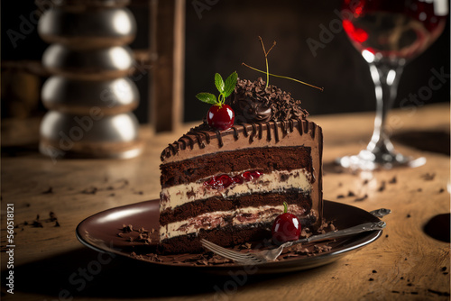 saborosa fatia de bolo, sobremesa com chocolate e frutos vermelhos, Generative AI, tasty black forest cake photo