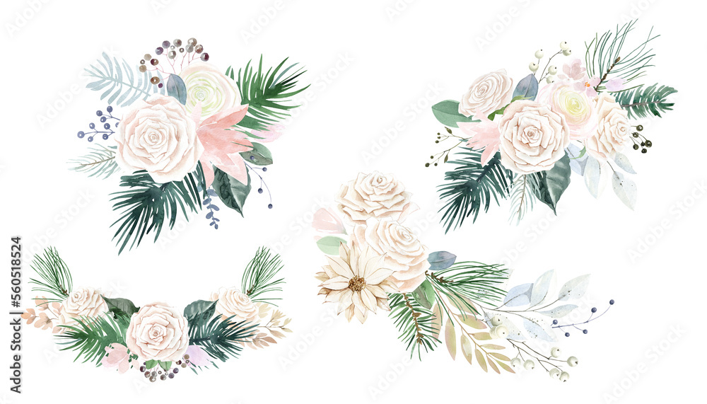 Watercolor bouquets of white roses and green leaves. Delicate flowers in beige, pink and white. Festive bouquets for the design of wedding invitations, cards, stickers,
