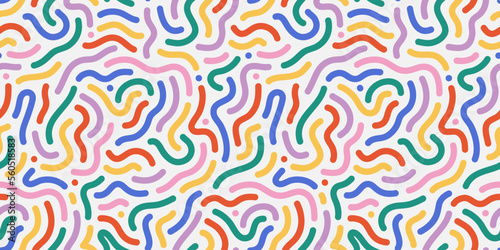 Colorful line doodle seamless pattern. Creative minimalist style art background, trendy design with basic shapes. Modern abstract color backdrop.