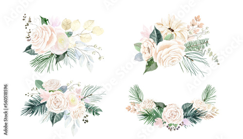 Watercolor bouquets of white roses and green leaves. Delicate flowers in beige  pink and white. Festive bouquets for the design of wedding invitations  cards  stickers 