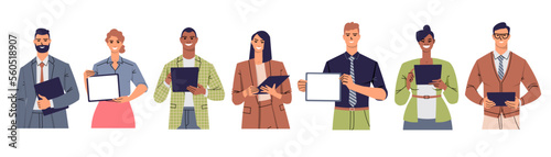 Men and women of different races use a computer tablet. Business people work, hold a tablet in their hands, show a blank screen, speak. Flat style. Vector isolated.
