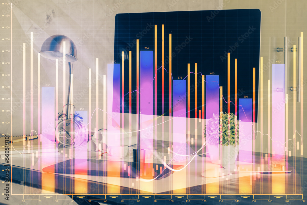 Financial chart drawing and table with computer on background. Multi exposure. Concept of international markets. Financial chart drawing and table with computer on background. Multi exposure. Concept of international markets.