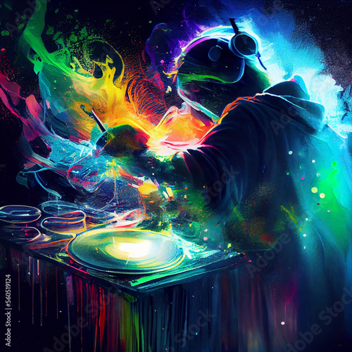 DJ playing music in night club. Generative AI. © Vjom
