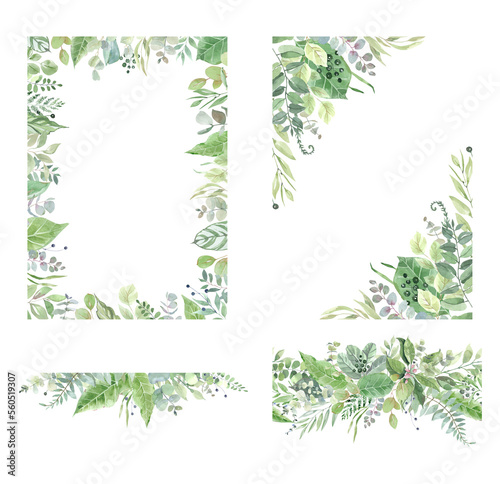 Watercolor wreaths and frames of green leaves and foliage. Green bouquets. Green foliage. Foliage and gold foil frames. Geometric wreaths. For cards, wedding invitations, scrapbooking © Yevheniia Poli