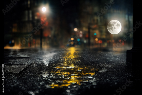 Blurred night sky with puddle moonlight. Wet asphalt with paving stones against the background of the moonlit sky.The light of street lamps and traffic lights.