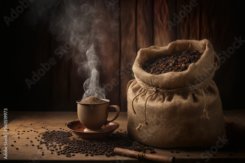 Burlap sack holding coffee beans and a cup of coffee with smoke in the backdrop. Generative AI