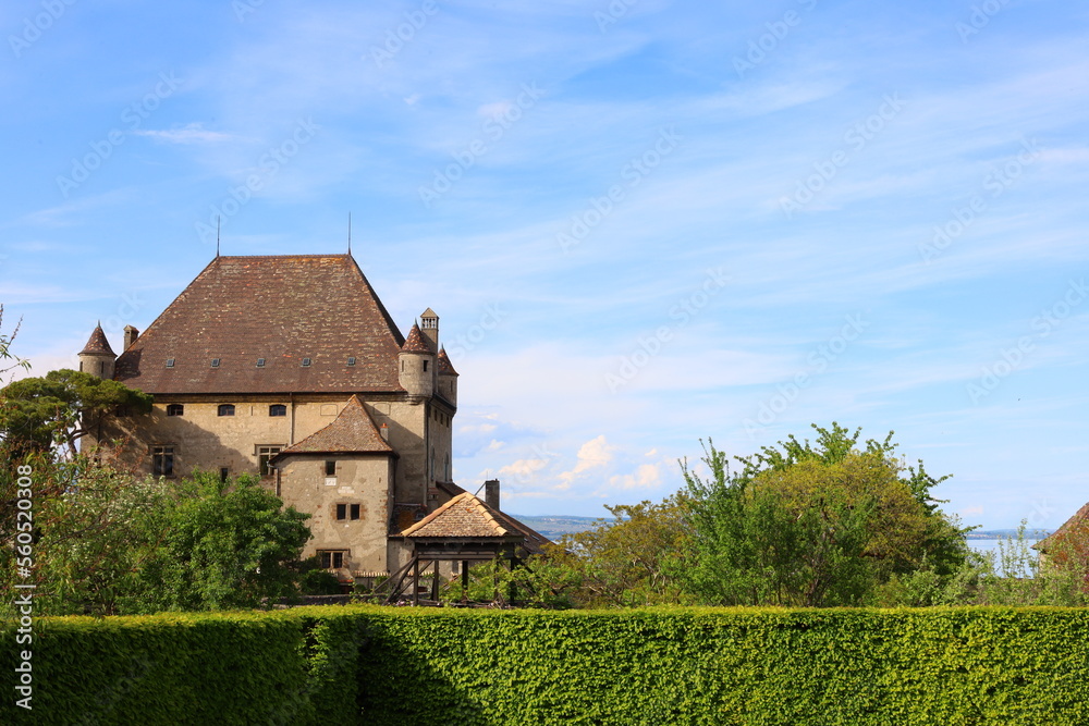 View on the Yvoire Castle is a former castle of the XIIIth century located on the commune of Yvoire in the department of Haute-Savoie, in the Auvergne-Rhône-Alpes region.


