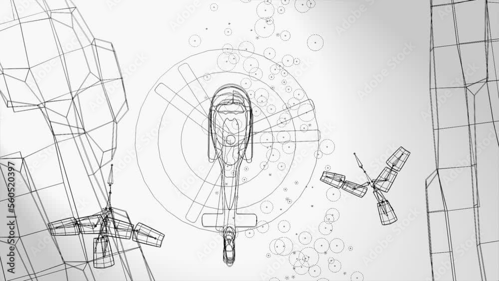 3d animation, an helicopter with two robots birds flying on the canyon with a flow of particules ( line art )
