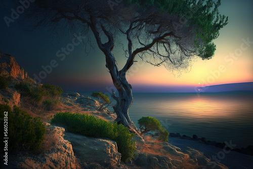 Sea and tree at dusk. Crimean countryside Natural scenery. Generative AI