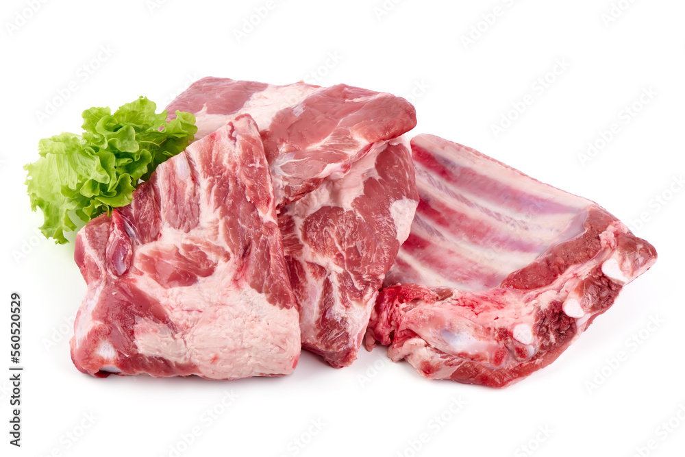 Pork ribs. Raw meat, isolated on white background.