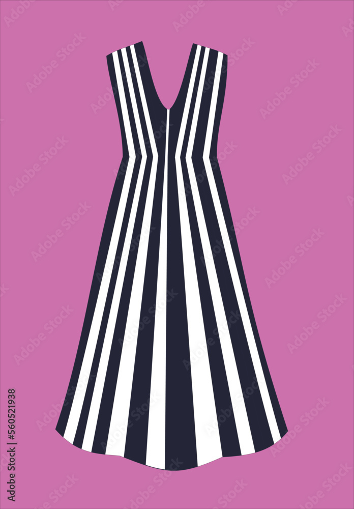 Vertical striped fashionable women's dress mockup. White and dark blue. Fabric design showcases templates and clothes. Maxi is long. Technical vector illustration