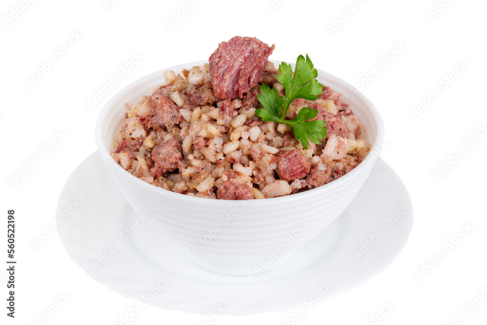 Canned rice porridge with meat and parsley in a bowl Canned rice porridge with meat and parsley in a bowl