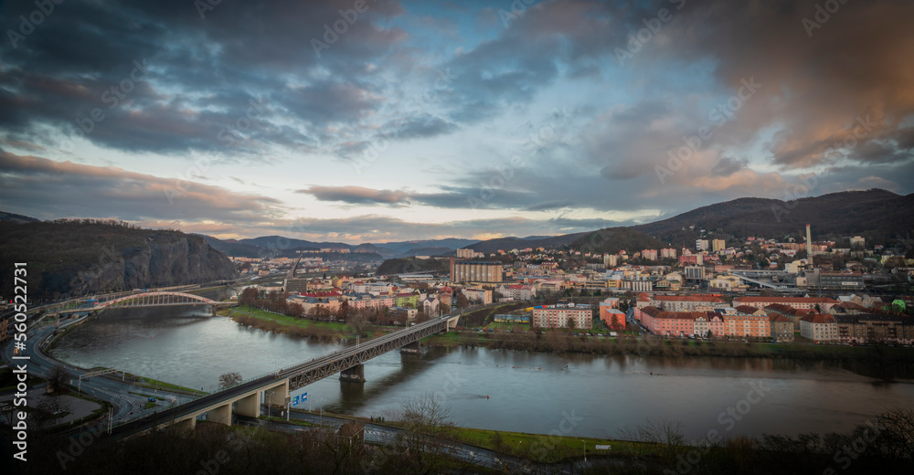 View for centre of city in winter cloudy evening 12 24 2022 Usti nad Labem CZ