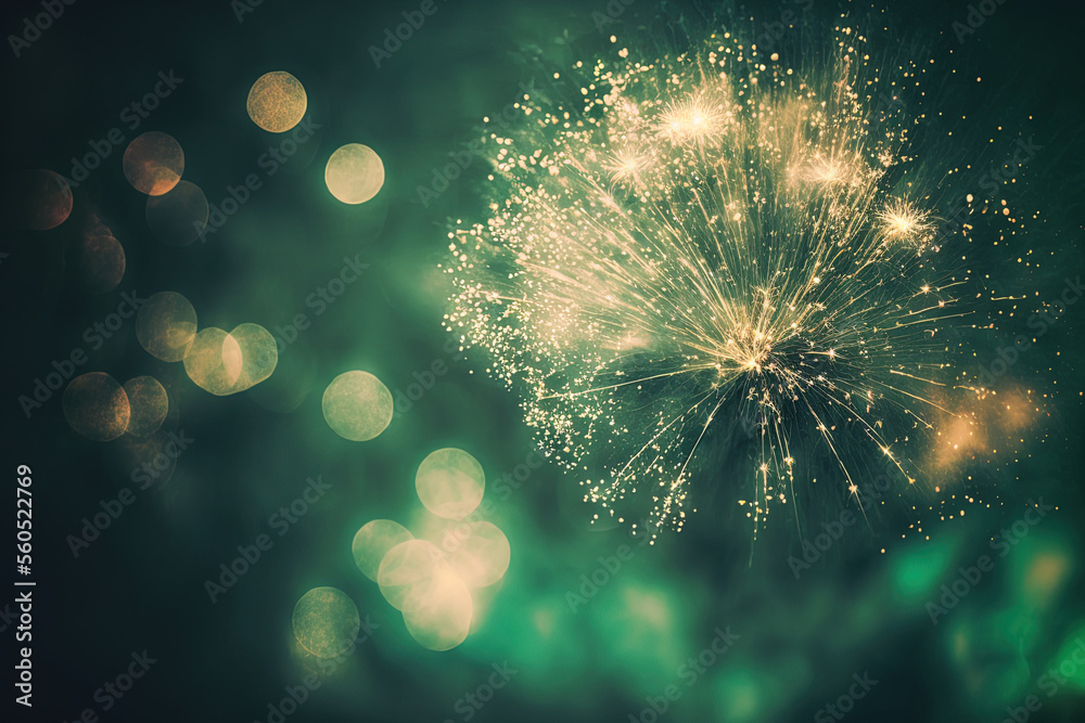 Fototapeta premium vintage green and gold New Year's Eve fireworks, bokeh, and copy space. holiday with an abstract backdrop. Generative AI